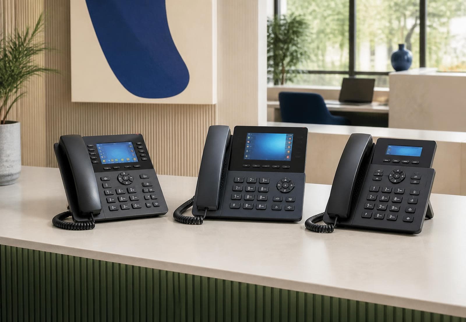 Selection of modern business VoIP desk phones on a reception counter