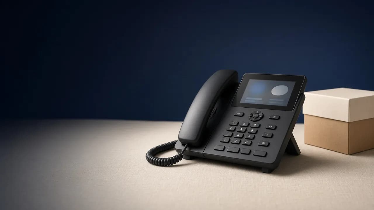 A pre-configured business IP phone on a desk next to its shipping box