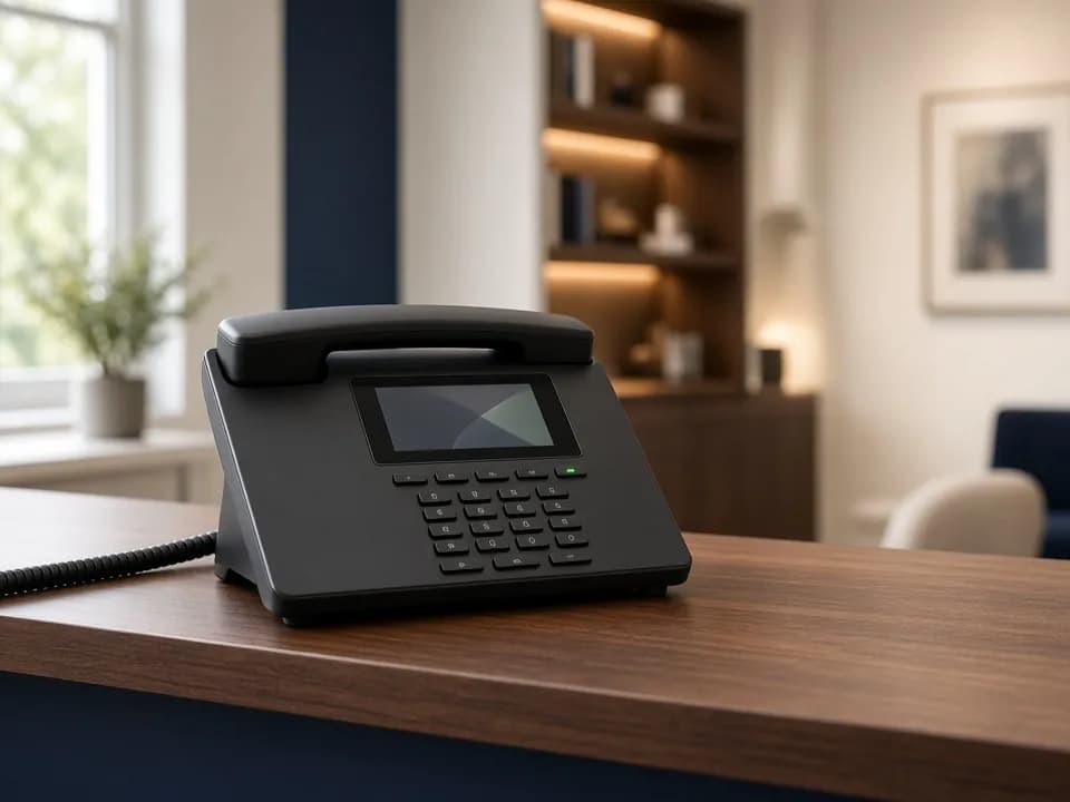 A pre-configured business IP phone on a reception desk next to its shipping box