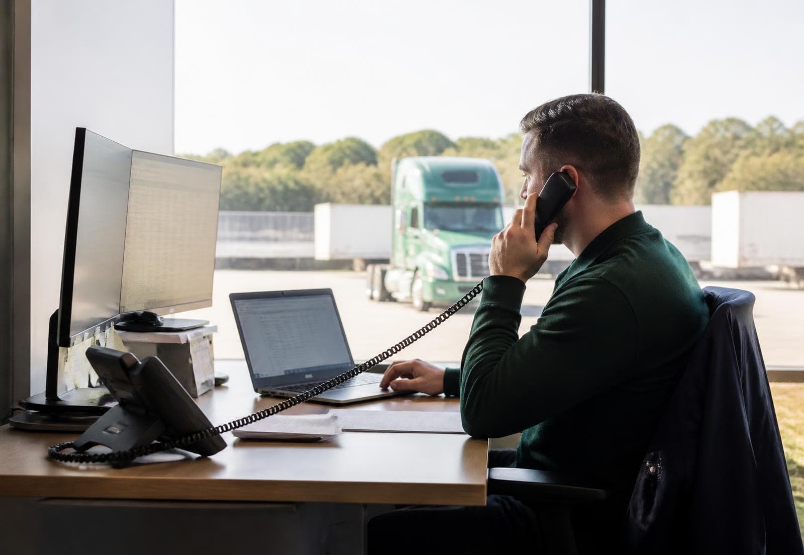 Dispatcher on a business call with trucks outside the office