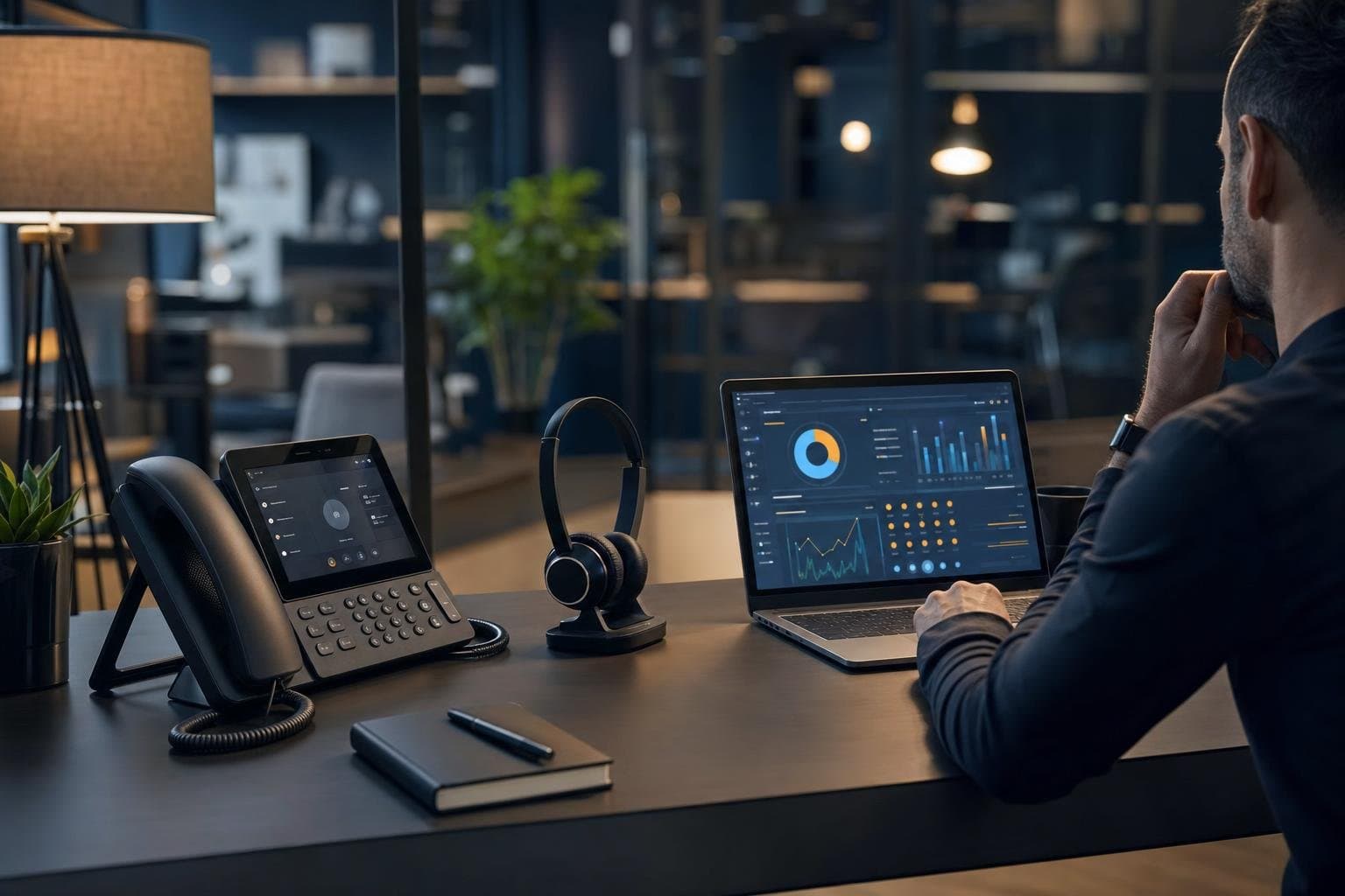 A business desk phone and headset beside a laptop in an office