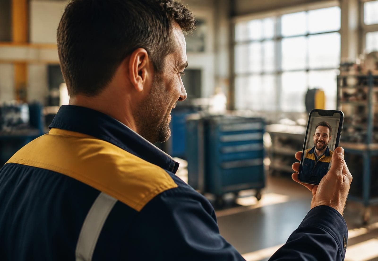 A field technician on a video call with a colleague from a smartphone